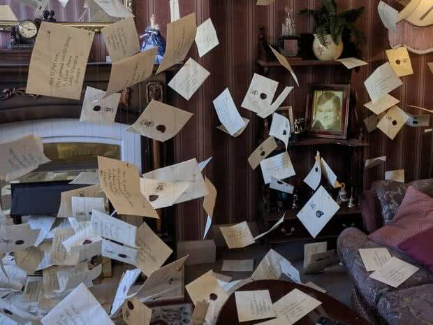 the Warner Brother's studio tour backlot: the Dursley fireplace explodes with Hogwarts’ letters