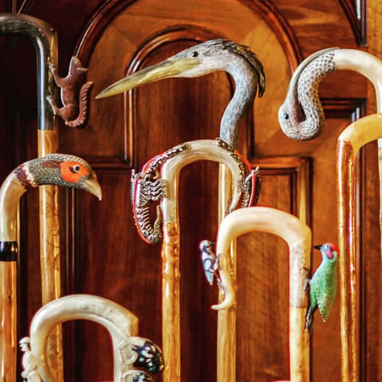 Walking sticks in Alnwick's Staterooms, animals are carved into the crook