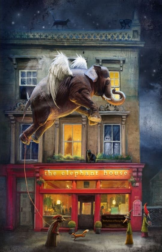 Fantastical painting of Harry Potter's Elephant House cafe by Matylda Konecka with winged Elephant flying above & ghosts in the windows