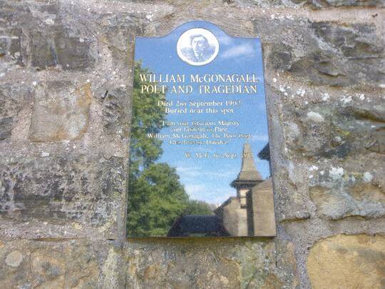 A plaque to poet William Mcgonagall, a pauper, he was actually buried without a grave