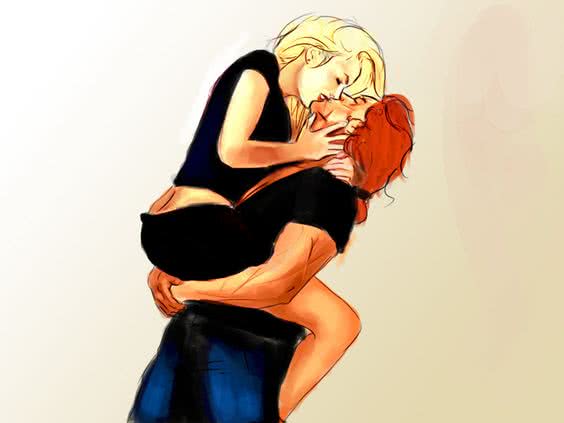 Fleur Delacour passionately kissing Bill Weasley, straddling his waist
