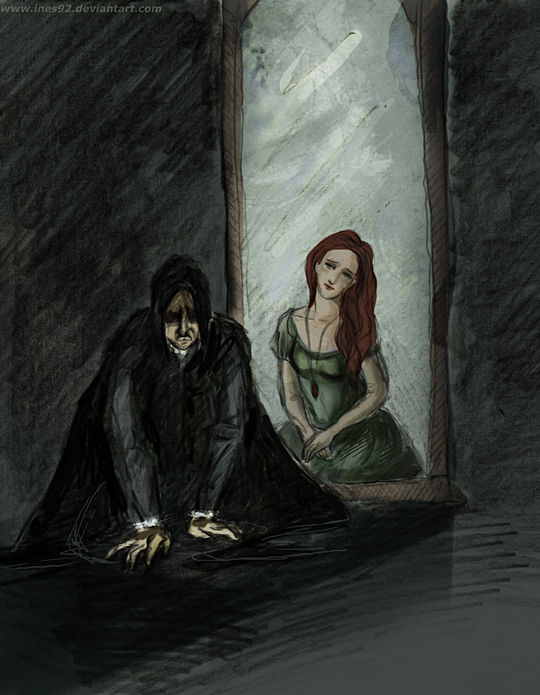 Snape weeps in front of the mirror of ERISED as his beloved Lily Potter looks out of the mirror