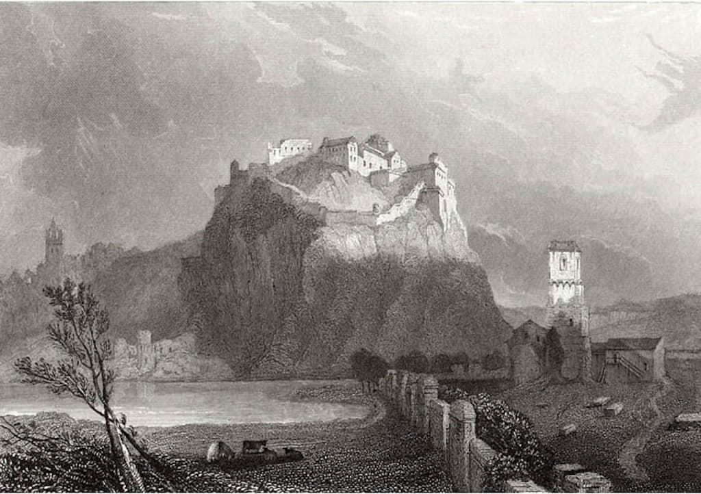 Etching of Edinburgh Castle from St Cuthbert's church beside the Nor Loch