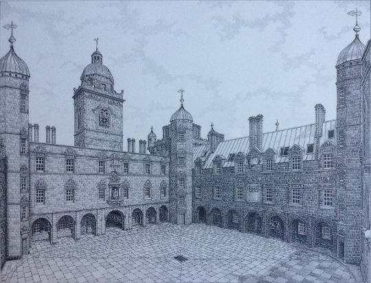 Drawing of JK Rowling's George Heriots quadrangle with the North tower aka Hogwarts