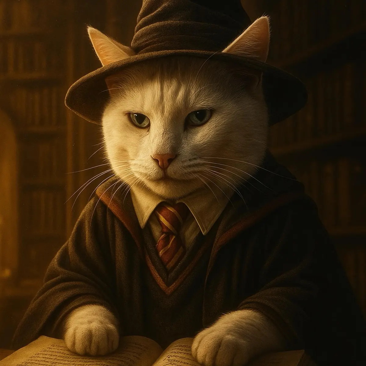 Minerva Mcgonagall as a cat in Hogwarts uniform with a conical witches hat, studying in Hogwarts library