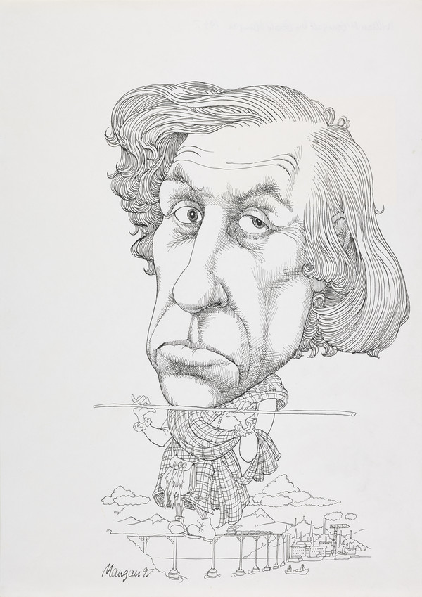 cartoon of poet William Mcgonagall tighrope walking the collapsing Tay Bridge