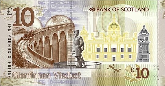 A £10 note shows Glenfinnan viaduct & the Jacobite monument