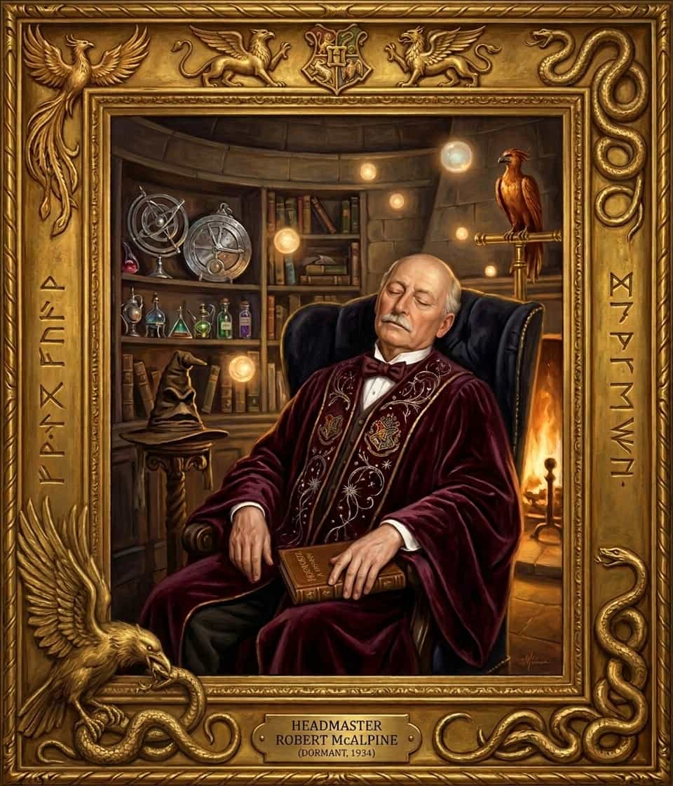 Hogwart's headmaster Robert McAlpine sleeps in his chair in a potrait of Dumbledore's office