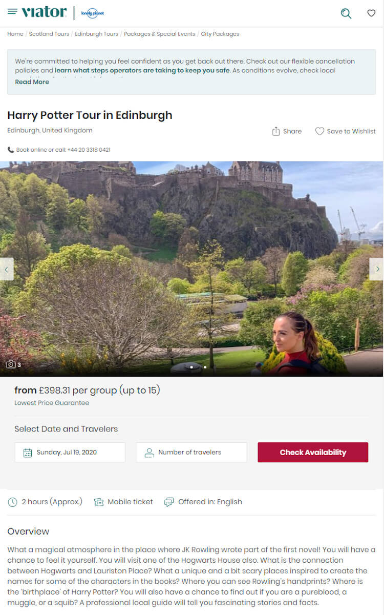 Benchmarking private Harry Potter tours, cost: £398 on Viator