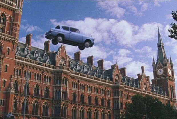 Ron & Harry Potter soar into the air before St Pancras station hotel