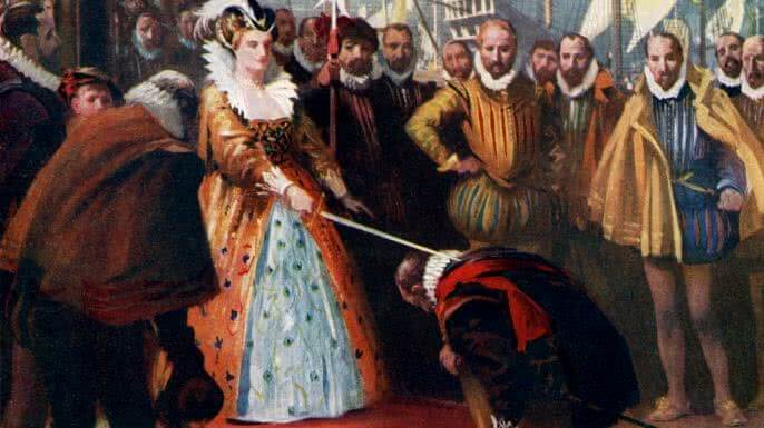Francis Drake, Witch of the seas, knighted by Queen Elizabeth